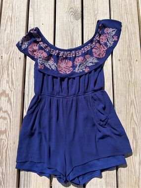 Blue Rain Blue Shorts Romper Floral Ruffle Size Large Bohemian Hippie Feminine